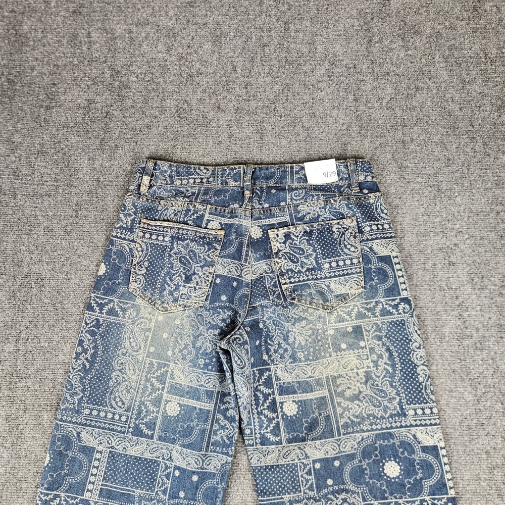 Cali 1850 Bandana Patchwork Wide Leg Jeans Blue White Paisley Print 9/29 NWT - Picture 13 of 14